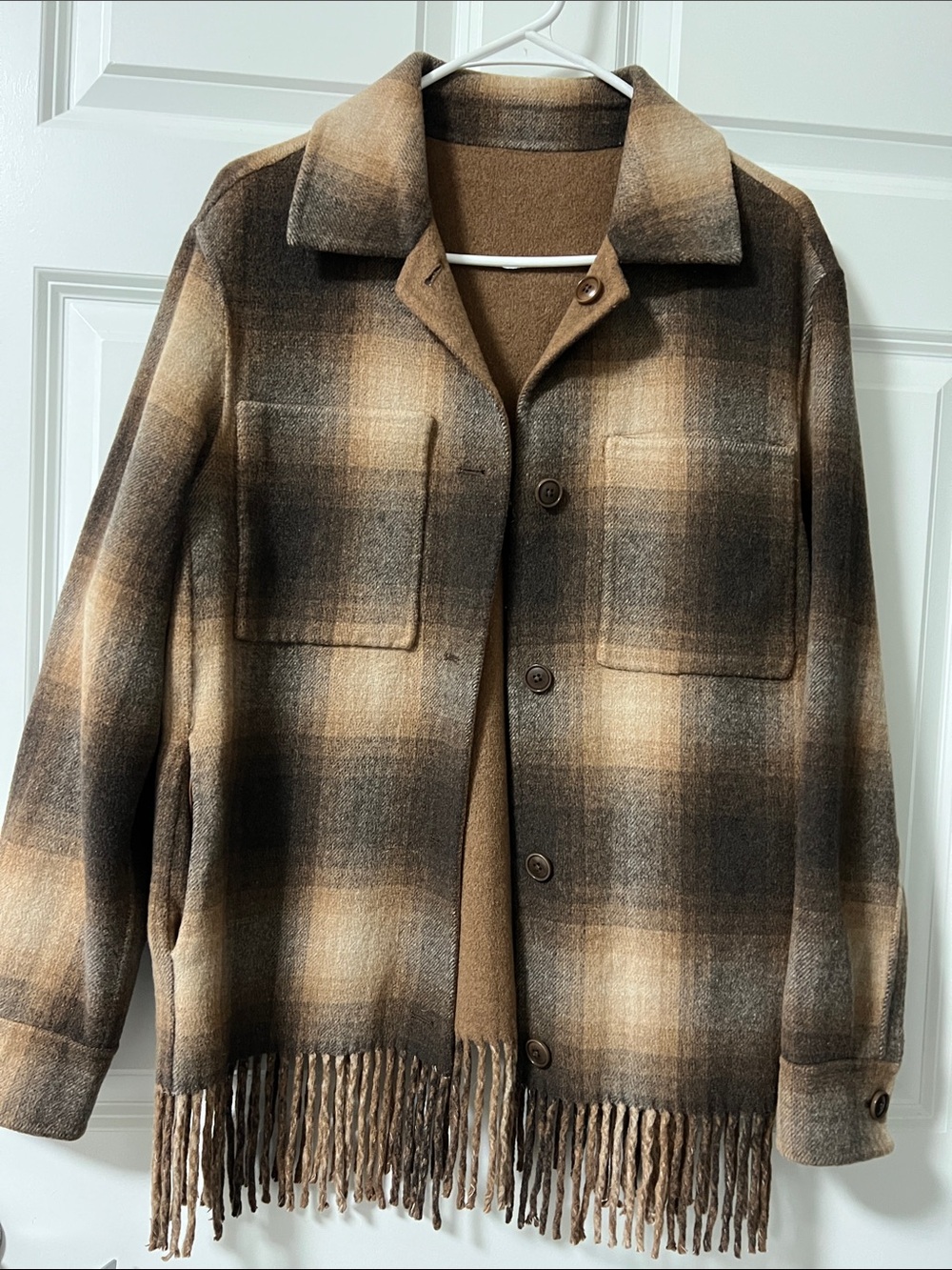 Banana Republic Brown Plaid Fringe Wool Jacket